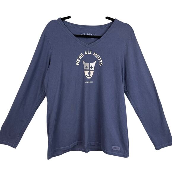 Life Is Good Long Sleeve Tee V- Neck We're All Mutts Graphic Navy Blue Size L - Picture 1 of 8